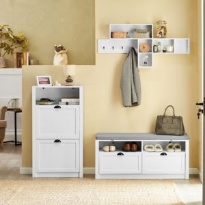 wohnli-moebel-suche-M23104444-1 Schuhschrank schmal mit 2 Klappen MDF Weiß 60x110x24cm Holz Weiß SoBuy Möbel Flurmöbel Schuhschränke