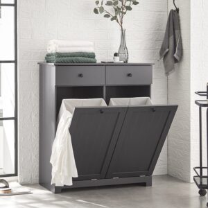 Wäscheschrank mit 2 Schubladen MDF Grau 78x90x38cm Holz Grau SoBuy Möbel Badezimmermöbel