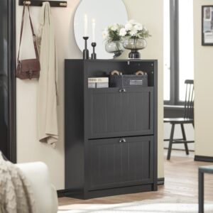 wohnli-moebel-suche-M23104458-1 Schuhschrank schmal mit 2 Klappen und Ablageflächen MDF Schwarz 80x110x24cm Holz Schwarz SoBuy Möbel Flurmöbel Schuhschränke