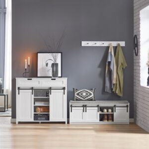 Schuhbank mit Sitzfläche und Schiebetüren MDF Weiß 120x45x35cm Holz Weiß SoBuy Möbel Flurmöbel Schuhschränke