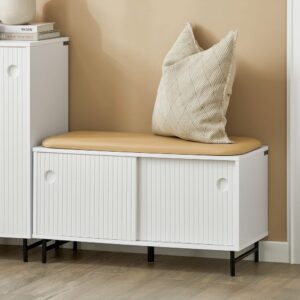 wohnli-moebel-suche-M23104578-1 Schuhbank mit Sitzfläche und Schiebetüren MDF Bambus Weiß 85x49x37cm Holz Weiß SoBuy Möbel Flurmöbel Dielenbänke