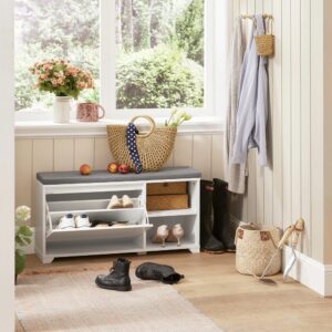 Schuhkipper mit 1 Klappe und 2 offenen Fächern MDF Weiß 90x46x24cm Holz Weiß SoBuy Möbel Flurmöbel Dielenbänke