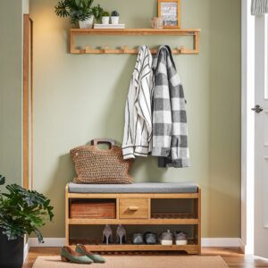 Schuhregal mit 2 Ablagen und Schublade Natur Bambus 91x45x34cm Bambus Beige SoBuy Möbel Flurmöbel Dielenbänke