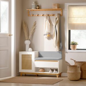 wohnli-moebel-suche-M23104587-1 Schuhbank mit Gitteroptik und Stauraum MDF Natur Weiß 100x60x35cm Holz Weiß SoBuy Möbel Flurmöbel Dielenbänke