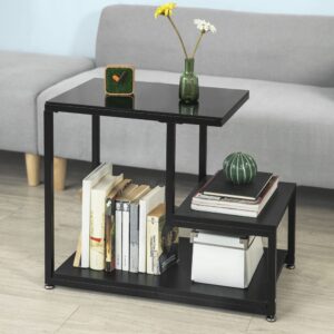 Beistelltisch mit 3 Ablagen Wohnzimmer Holz Glas Metall Schwarz 65x55x35cm Holz Schwarz SoBuy Möbel Wohnzimmermöbel Beistelltische