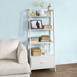 Leiterregal mit Ablagen und Schublade MDF Weiß 64x160x20cm Holz Weiß SoBuy Möbel Wohnzimmermöbel Bücherregale
