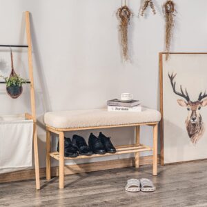 Holzbank aus Kiefernholz und Wolle Weiß 35x52x90cm Rattan Weiß Nordlys Möbel Esszimmermöbel Sitzbank und Holzbank