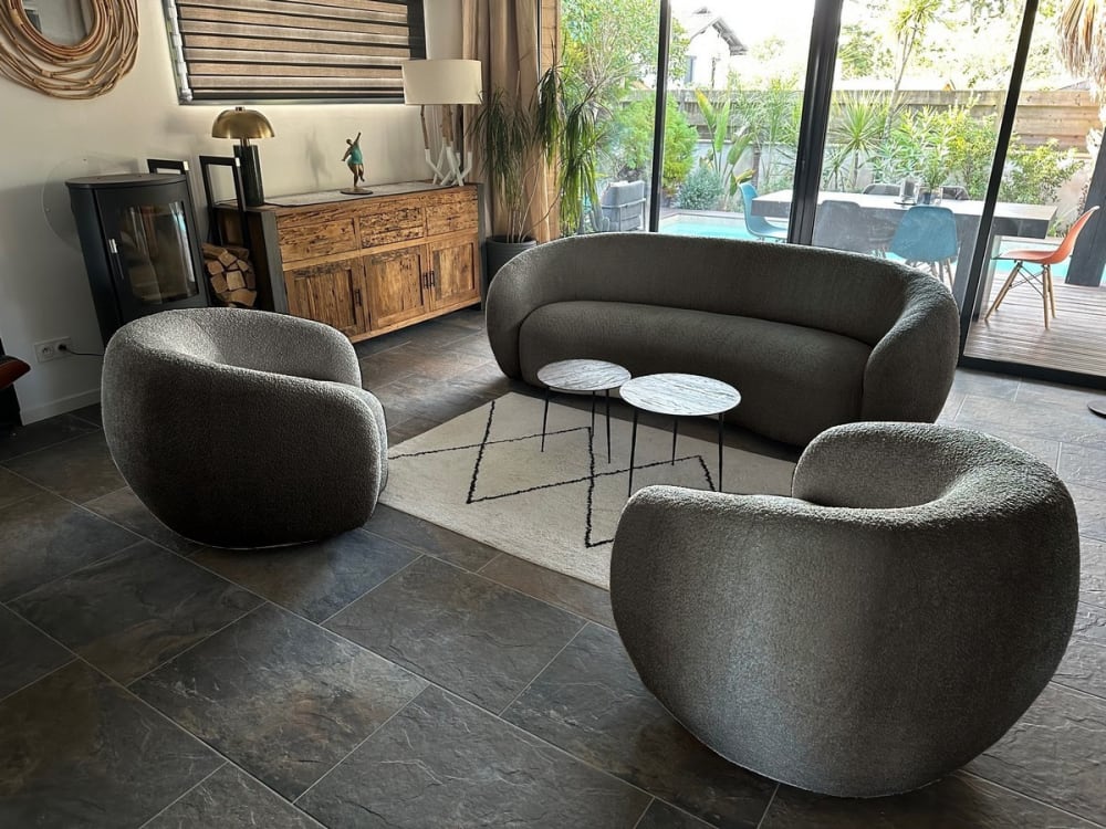 Runder Sessel aus grauem Bouclé-Stoff 86x75x85cm Stoff Grau Mathi Design Sofas und Sessel Sessel, Poufs und Fußbänke Sessel