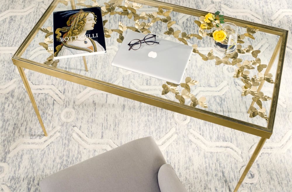wohnli-moebel-suche-M23113750-1 Schreibtisch aus eisen/glas gold 119x75x60cm Stahl Gold Safavieh Möbel Büromöbel Schreibtische