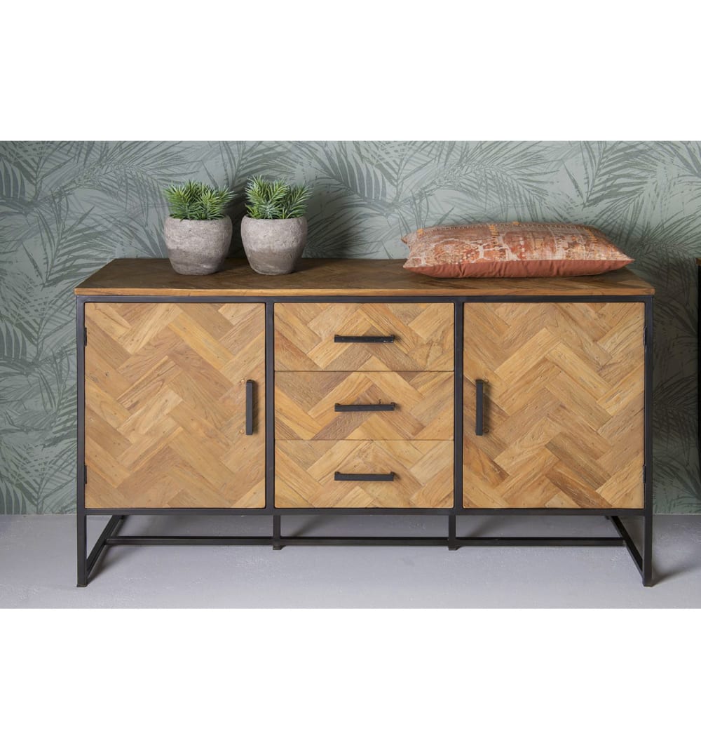 Buffet 2 portes 3 tiroirs L145cm en Teck massif et métal noir 145x85x45cm Holz Braun Moloo Möbel Esszimmermöbel Sideboards, Highboards & niedrige Anrichten