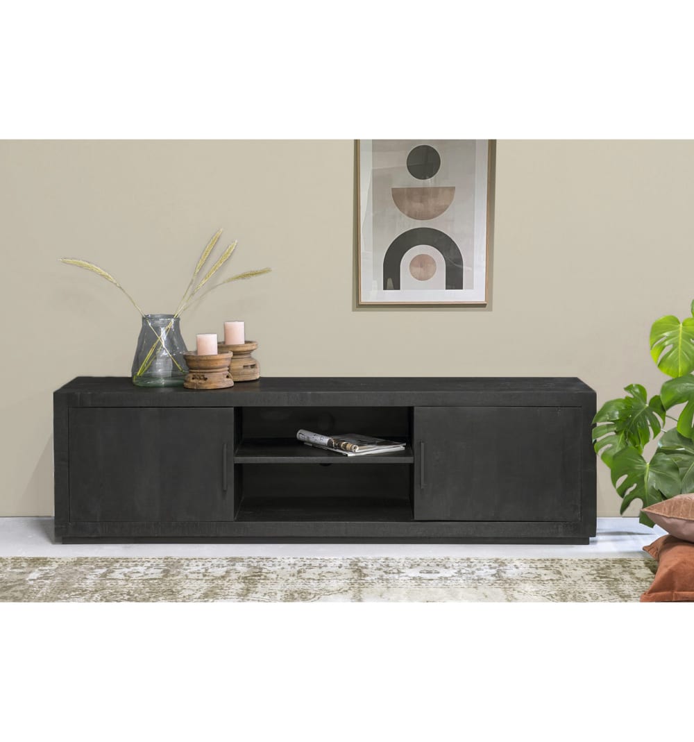 180 cm TV- Schrank aus schwarzem Massivholz 180x53x40cm Holz Schwarz Moloo Möbel Wohnzimmermöbel TV-Möbel