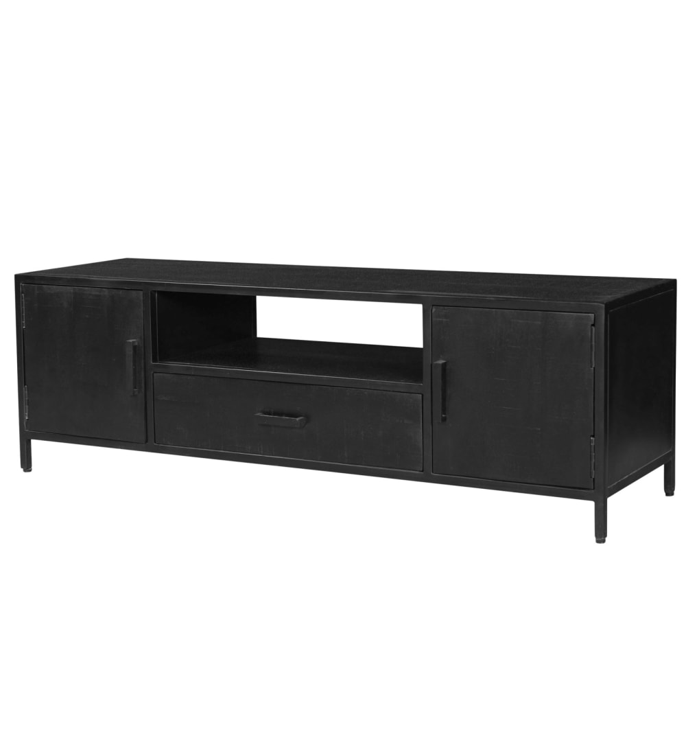 Wohnli Möbelsuche - 160 cm TV- Schrank aus schwarzem Massivholz und Metall