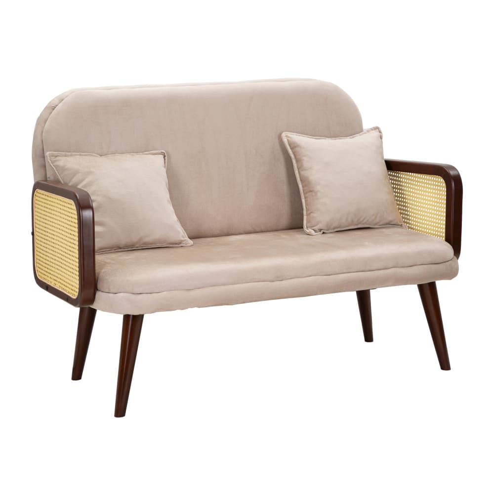 wohnli-moebel-suche-M23116711 Wohnli Möbelsuche - Sofa aus beigem Stoff mit Holzarmlehnen 131x80x93 cm