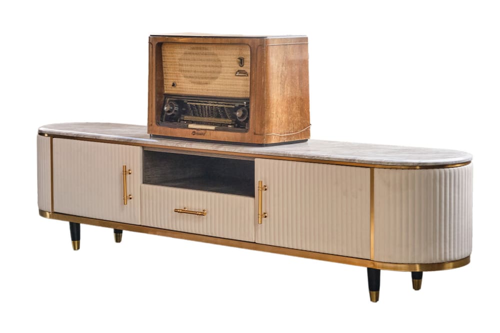 Wohnli Möbelsuche - Lowboard aus Kunstleder mit Marmorplatte