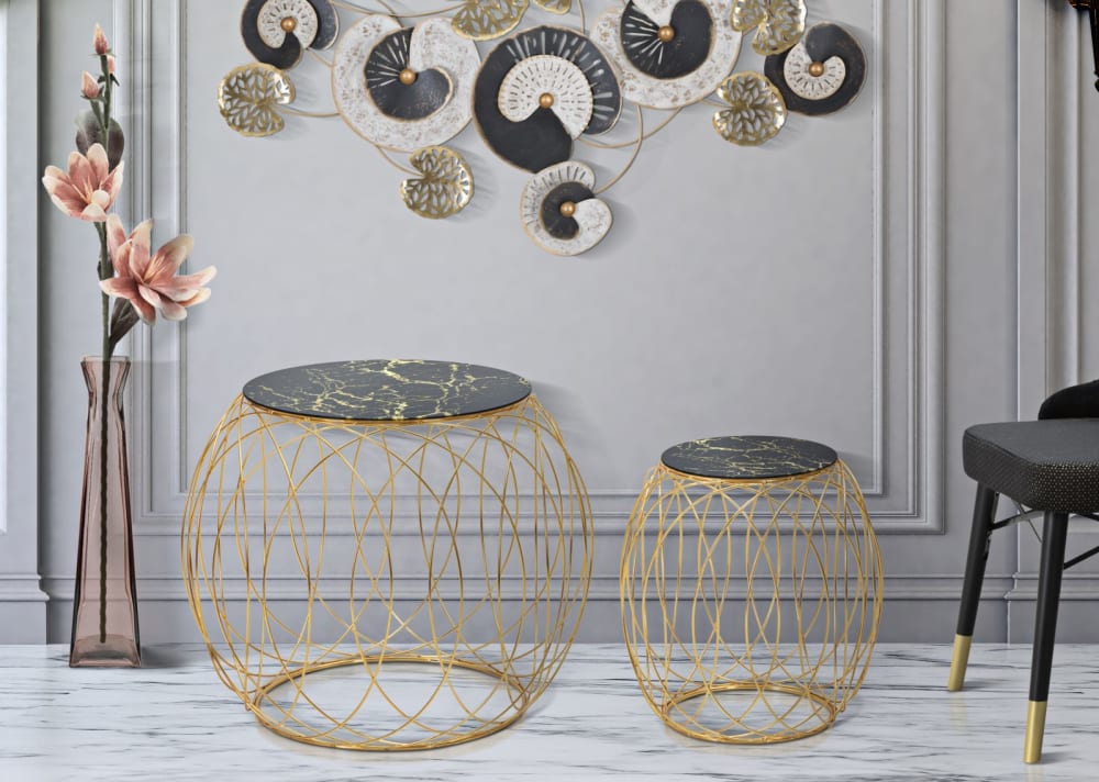 Set mit 2 runden Tischen aus goldenem Metall Ø 68x56-43x45 cm 56x56x68cm Metall Gold Mauro Ferretti Möbel Wohnzimmermöbel Beistelltische