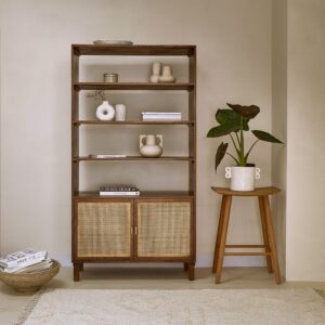 wohnli-moebel-suche-M23126985-1 Bücherregal aus Mangoholz und Rohrgeflecht in Walnussoptik 170 cm 90x170x40cm Holz Braun BERAH GETAH Möbel Wohnzimmermöbel Bücherregale