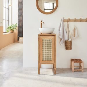 Handwaschbecken aus massivem Teakholz und Rohrgeflecht 35 cm 35x79x35cm Holz Beige BERAH GETAH Möbel Badezimmermöbel Waschtische