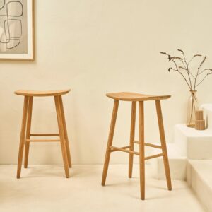 wohnli-moebel-suche-M23127000-1 Set aus 2 Hockern aus massivem Teakholz 75 cm 48x77x35cm Holz Beige BERAH GETAH Möbel Esszimmermöbel Barhocker