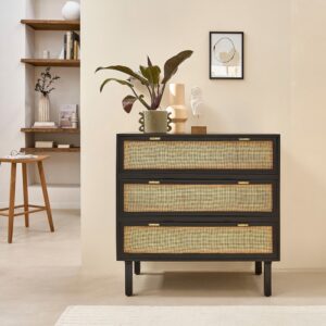 Kommode aus massivem Mangoholz und schwarzem Rohrgeflecht 90 cm 90x90x90cm Holz Schwarz BERAH GETAH Möbel Schlafzimmermöbel Kommoden