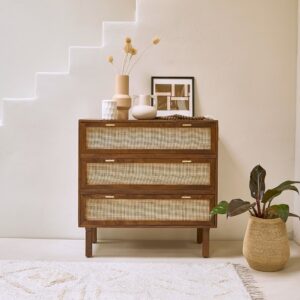 Kommode aus massivem Mangoholz und Rohrgeflecht 90 cm 90x90x90cm Holz Braun BERAH GETAH Möbel Schlafzimmermöbel Kommoden