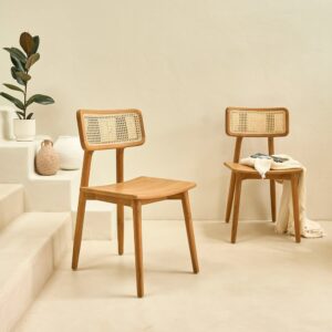 Set aus 2 Stühlen aus massivem Teakholz und Rohrgeflecht 44x82x48cm Holz Beige BERAH GETAH Möbel Esszimmermöbel Stühle