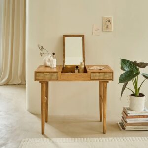 Schminktisch aus massivem Mangoholz und Rohrgeflecht 90x76x45cm Holz Beige BERAH GETAH Möbel Schlafzimmermöbel Schminktische