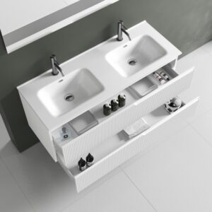 5-teiliger Badezimmerschrank mit Doppelwanne aus mattweißem MDF 121x190x47cm Spanplatte Weiß AQA DESIGN Möbel Badezimmermöbel Waschtische