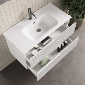 4-teiliger Badezimmerschrank aus mattweißem MDF 81x190x47cm Spanplatte Weiß AQA DESIGN Möbel Badezimmermöbel Waschtische