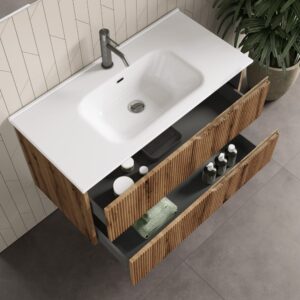 wohnli-moebel-suche-M23129518-1 4-teiliger Badezimmerschrank aus Eichen-MDF 101x190x47cm Spanplatte Braun AQA DESIGN Möbel Badezimmermöbel Waschtische