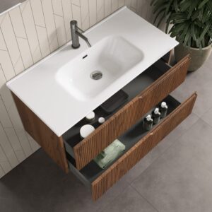 4-teiliger Badezimmerschrank aus dunklem Eichen-MDF 61x190x47cm Spanplatte Braun AQA DESIGN Möbel Badezimmermöbel Waschtische