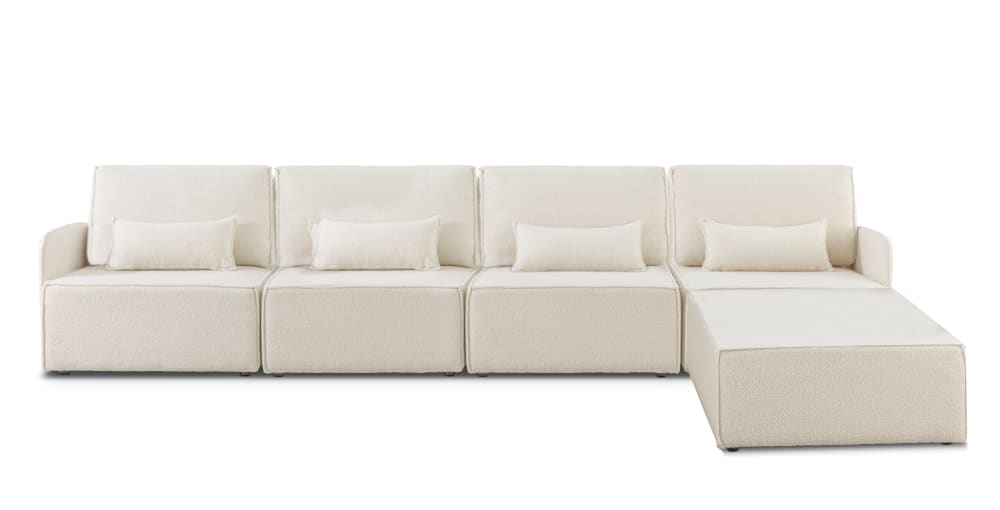 Wohnli Möbelsuche - 4-Sitzer-Sofa Chaiselongue bezogen Bouclé und Kiefernholz Schneeweiß