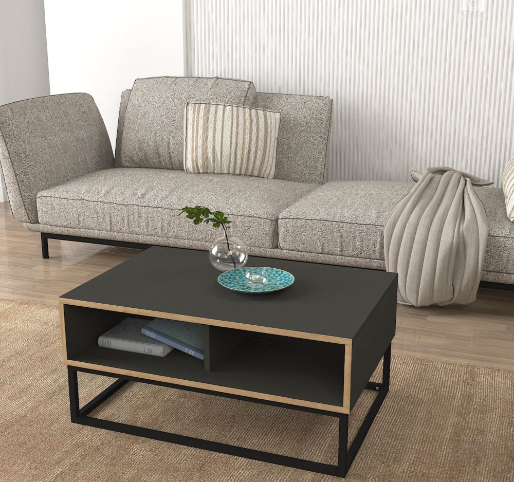 Couchtisch Dolores mit offenen Staufächern 60x42x90cm Spanplatte Grau moebel17 Möbel Wohnzimmermöbel Couchtische