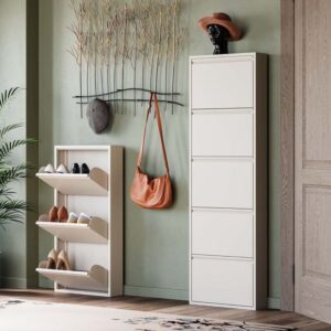 Schuhkipper mit 5 Fächern aus Stahl in Creme 15x170x50cm Stahl Weiß Kare Design Möbel Flurmöbel Schuhschränke