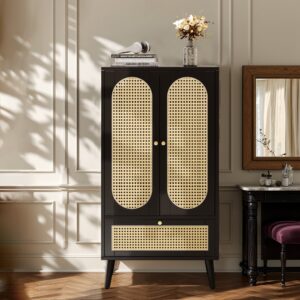 Schwarzer Holzkleiderschrank mit Natürlichen Rohrtüren 60x111x40cm Spanplatte Schwarz Urban Meuble Möbel Schlafzimmermöbel Kleiderschränke