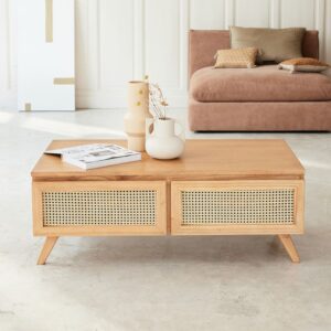 wohnli-moebel-suche-M23138761-1 Couchtisch aus massivem Mindi und Rohrgeflecht 4 Schubladen 110 cm 110x42x60cm Holz Beige BERAH GETAH Möbel Wohnzimmermöbel Couchtische