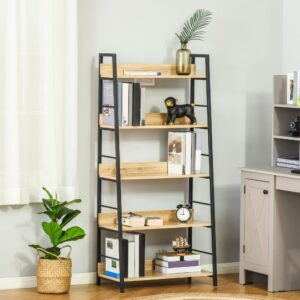 wohnli-moebel-suche-M23138790-1 Étagère bibliothèque style industriel incliné 5 niv. chêne clair noir 70x150x30cm Spanplatte Beige Homcom Möbel Wohnzimmermöbel Bücherregale