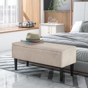 wohnli-moebel-suche-M23138806-1 Banc coffre de rangement 2 en 1 piètement bois noir tissu blanc cassé 95x45x38cm PES - Polyester Weiß Homcom Sofas und Sessel Sofas Sitzbank und Polsterbank