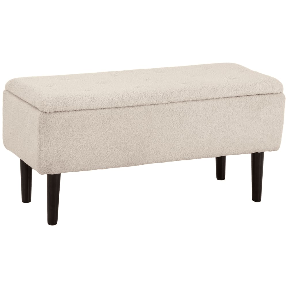 Wohnli Möbelsuche - Banc coffre de rangement 2 en 1 piètement bois noir tissu blanc cassé