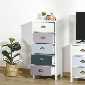 wohnli-moebel-suche-M23138846-1 Néo-Rétro-Kommode 5-Schubladen Muschelgriffe Weiß&Blau&Grau 45x95x30cm Spanplatte Weiß Homcom Möbel Schlafzimmermöbel Aufbewahrungsmöbel