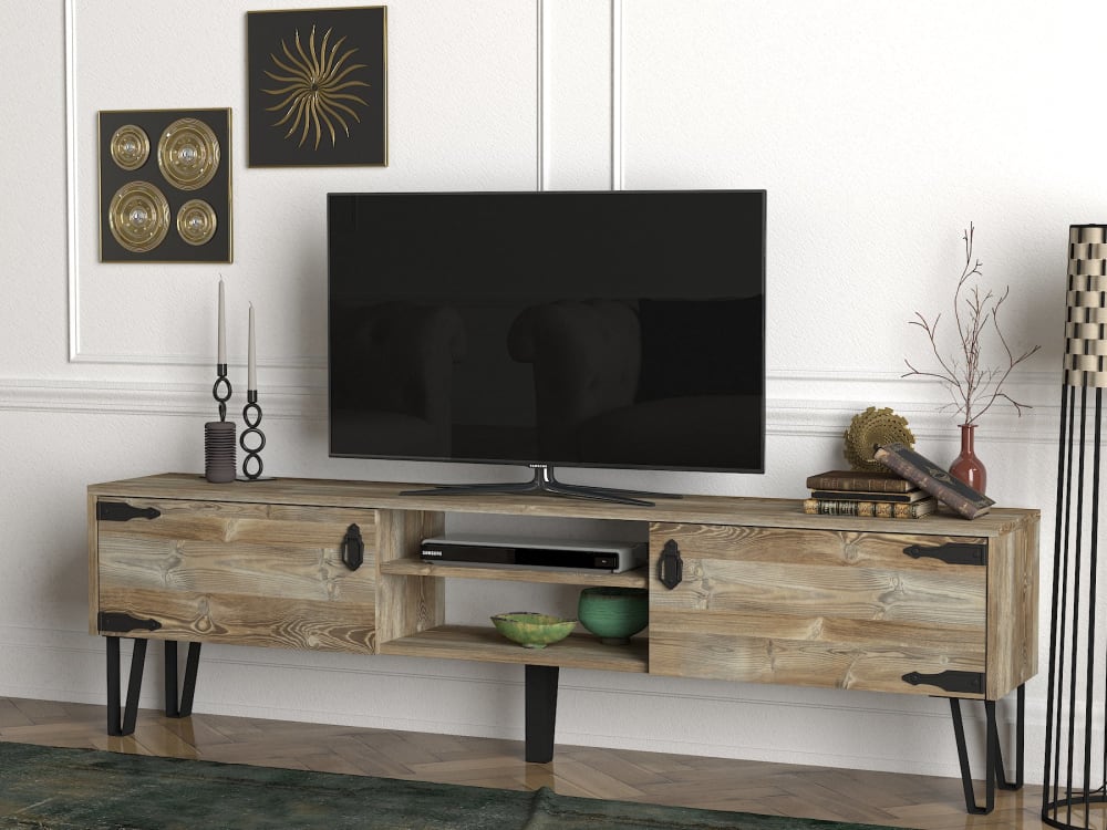 TV-Möbel 2-Türig Holz stehend mit Metallfüßen 30x49x180cm Spanplatte Braun moebel17 Möbel Wohnzimmermöbel TV-Möbel