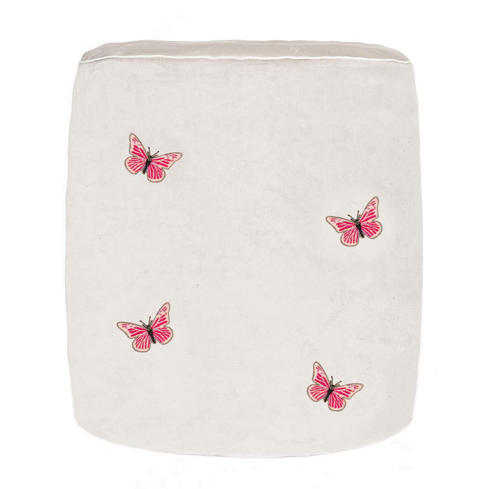 Wohnli Möbelsuche - Pouf mit bestickten Schmetterlingen aus cremefarbenem Samt