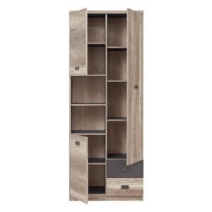 wohnli-moebel-suche-M23145142-1 Bücherregal mit 2 Schubladen und 3 Türen, Holzoptik und Grau, 205cm 80x205x40cm Spanplatte Grau Petits meubles Möbel Wohnzimmermöbel Bücherregale