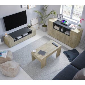 Sideboard mit 3 Türen und 3 Nischen L150cm - Dekor Eiche und Grau 150x76x41cm Spanplatte Grau Calicosy Möbel Esszimmermöbel Sideboards, Highboards & niedrige Anrichten