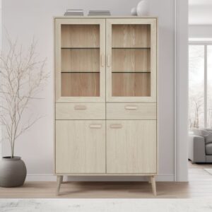 Vitrine mit 4 Türen 2 Schubladen aus Massiveiche Eichefarben 40x187x110cm Holz Beige Furnhouse Möbel Esszimmermöbel Vitrine und Vitrinenschrank