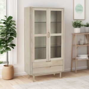 wohnli-moebel-suche-M23146433-1 Vitrine mit 2 Türen 2 Schubladen aus Massiveiche Eichefarben 45x190x100cm Holz Beige Furnhouse Möbel Esszimmermöbel Vitrine und Vitrinenschrank