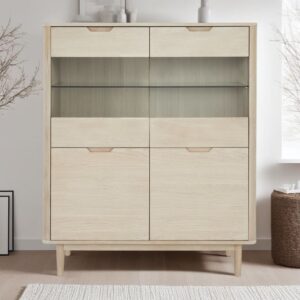 wohnli-moebel-suche-M23146434-1 Highboard mit 4 Türen aus Massiveiche Eichefarben 45x112x123cm Holz Beige Furnhouse Möbel Esszimmermöbel Vitrine und Vitrinenschrank