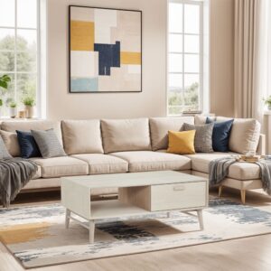 Rechteckiger Couchtisch aus Massiveiche Eichefarben 75x50x120cm Holz Beige Furnhouse Möbel Wohnzimmermöbel Couchtische