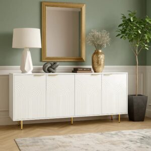 Niedriges weißes Sideboard mit geometrischen Mustern 160x80x40cm Spanplatte Weiß Urban Meuble Möbel Schlafzimmermöbel Kommoden
