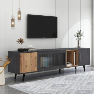 wohnli-moebel-suche-M23148777-1 TV-Einheit 3 aus grauem und gewelltem Glas mit 3 Nischen-Flügeltüren 200x56x40cm Spanplatte Schwarz Urban Meuble Möbel Wohnzimmermöbel TV-Möbel