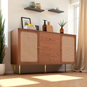 Vintage-Sideboard aus Holz und Rohr mit Zentralen Schubladen 150x90x40cm Spanplatte Braun Urban Meuble Möbel Schlafzimmermöbel Kommoden